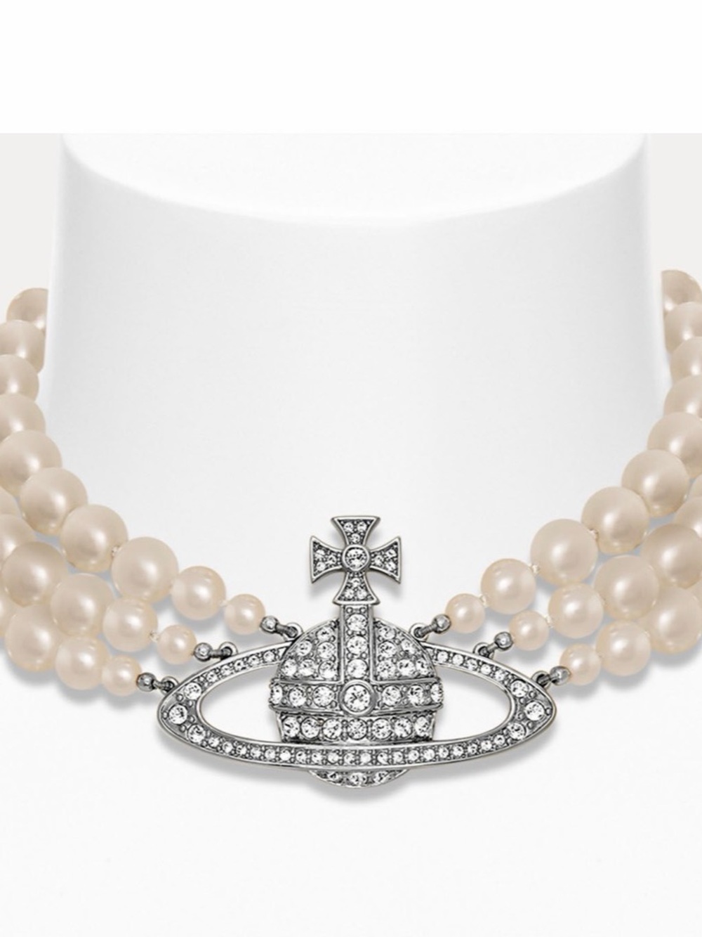 Vivienne Westwood Ivory Pearl Triple-Strand Necklace with Crystal Orb Accent